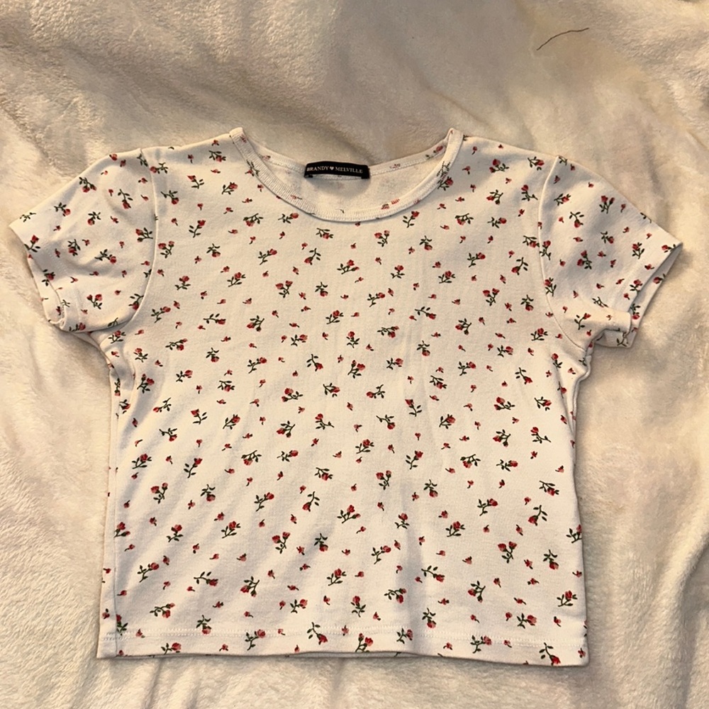 Brandy Melville Tee Roses GUC One Size slight crop cap sleeves cotton